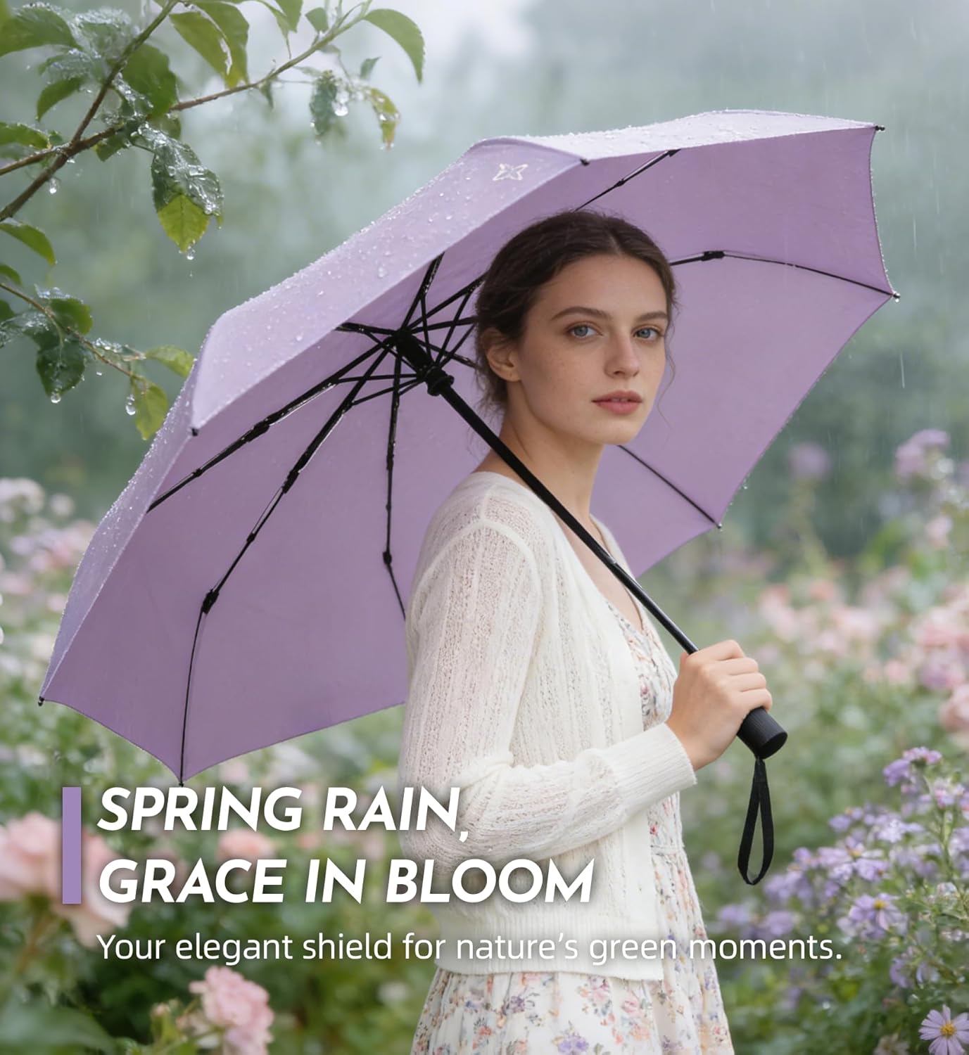 Detalle de LILAC Windproof 43-Inch Travel Umbrella: Compact, UV-Protective & Inversion-Resistant