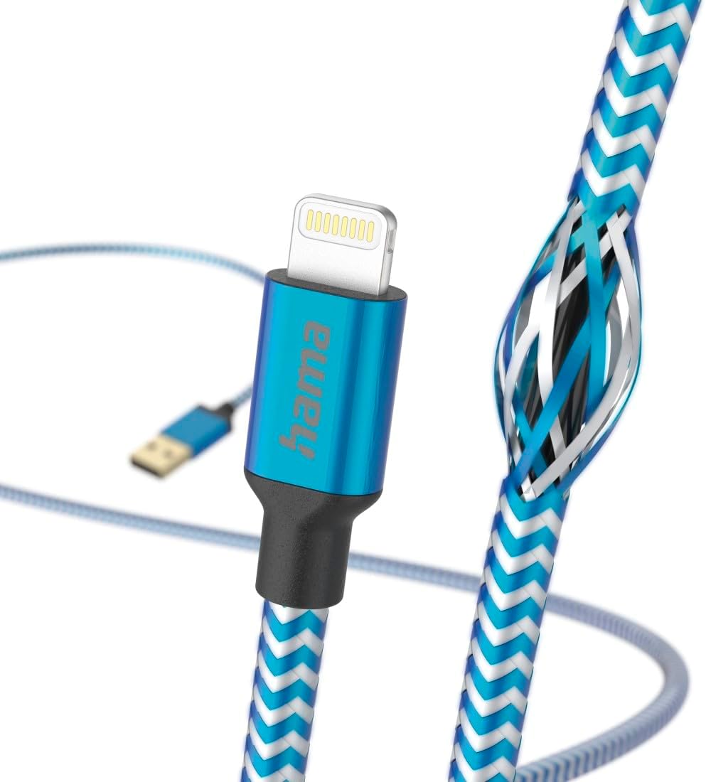 Detalle 2 de Câble USB-A vers Lightning Hama certifié MFi (2,4A, 1,5 m) bleu réfléchissant