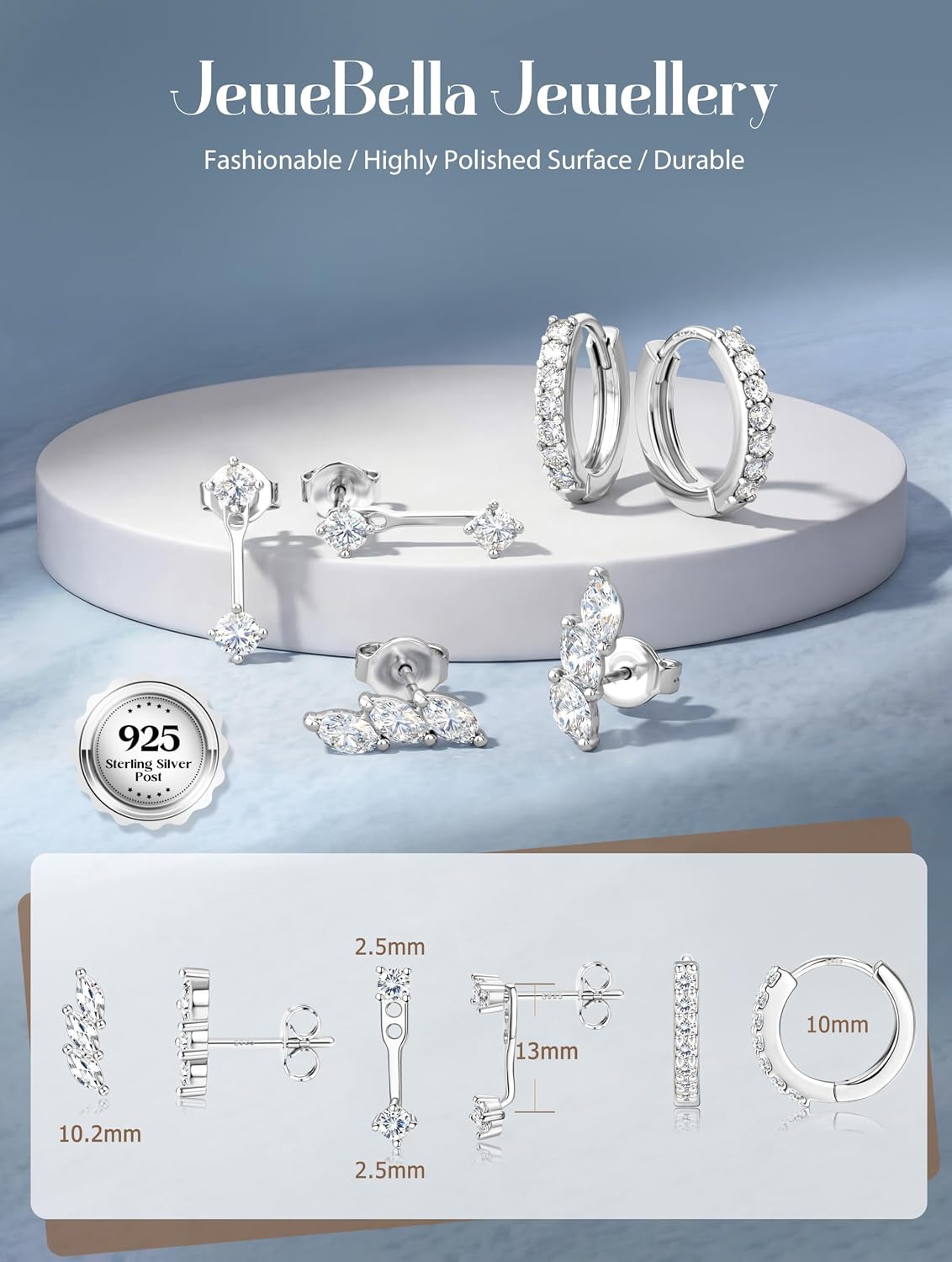 Detalle de JeweBella 3er-Set Ohrringe aus 925 Sterling-Silber (14 Karat vergoldet) – kleine Ohrstecker, Creolen & Zirkonia