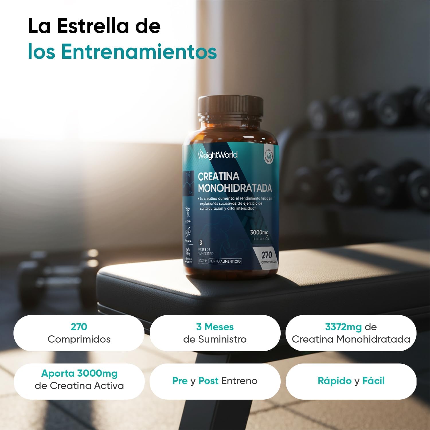 Thumbnail 1 de Creatina Monohidratada 3000mg - 270 Comp. 💪 Aumento de Fuerza