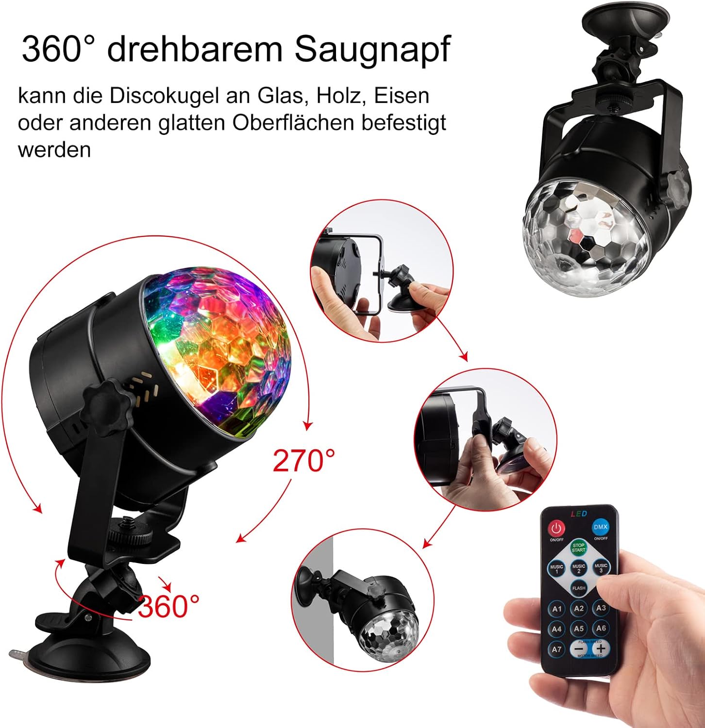 Detalle de Discokugel LED Discolicht DJ Partylicht 3W RGB – 360° Drehbar mit Fernbedienung