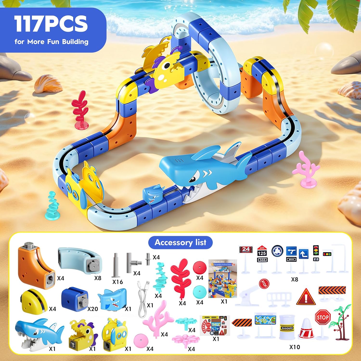 Detalle de 117 Pezzi Giochi Bambini 3–8 Anni: Cubi Binari 3D con Trenino Squalo Magnetico per Mondi Oceano