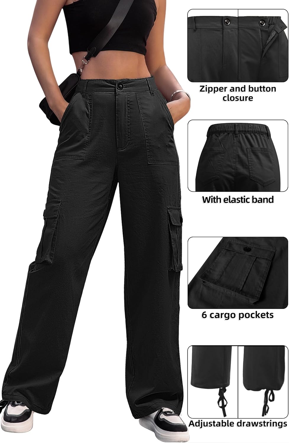Detalle 2 de ZMPSIISA Women's High-Waisted Wide-Leg Cargo Pants, 6 Pockets, Cotton-Spandex Blend