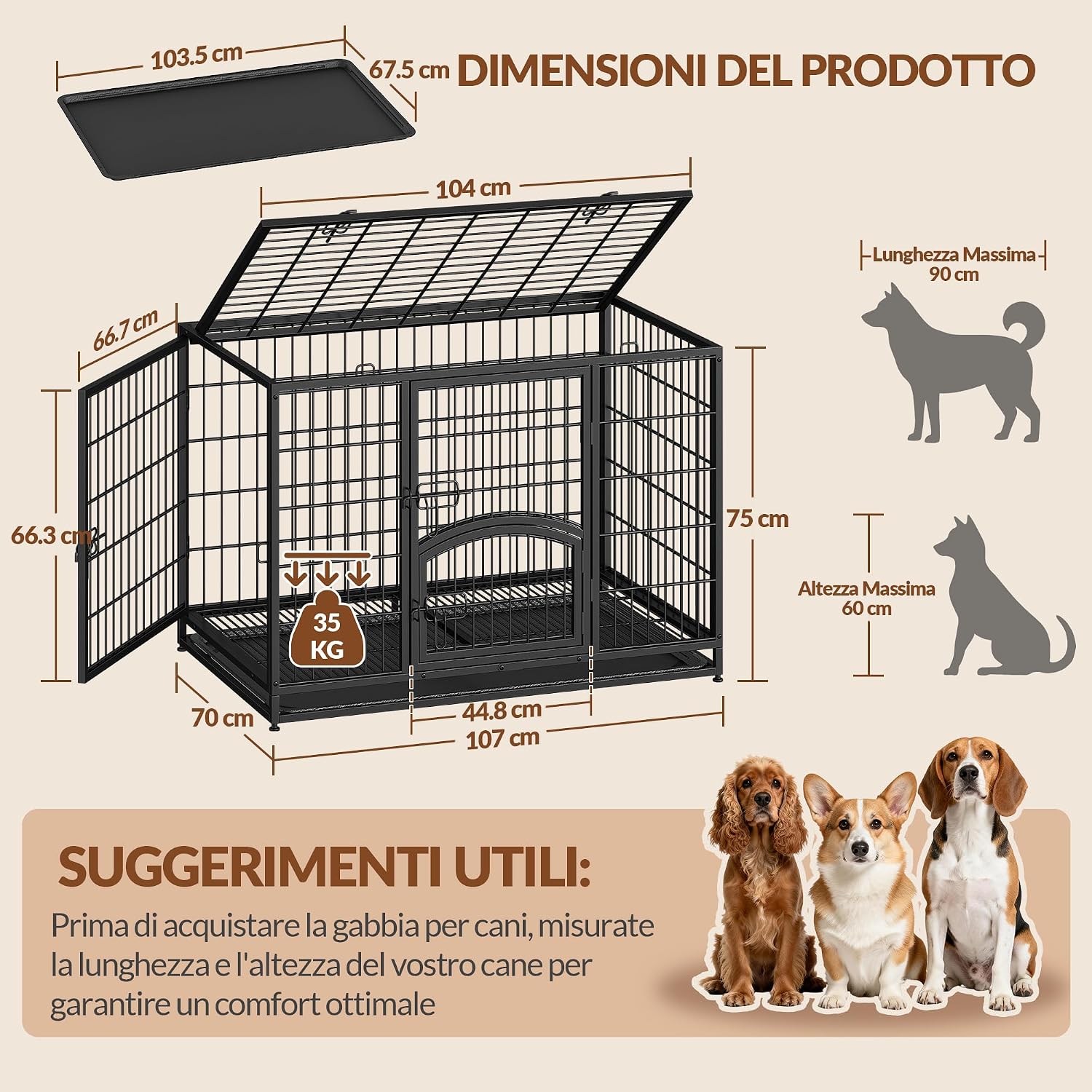 Detalle de Fobyfurny Hochbelastbarer XL Hundekäfig – 107 x 70 x 75 cm, 4-Türig, Metall-Gitterbox mit Bodenschale