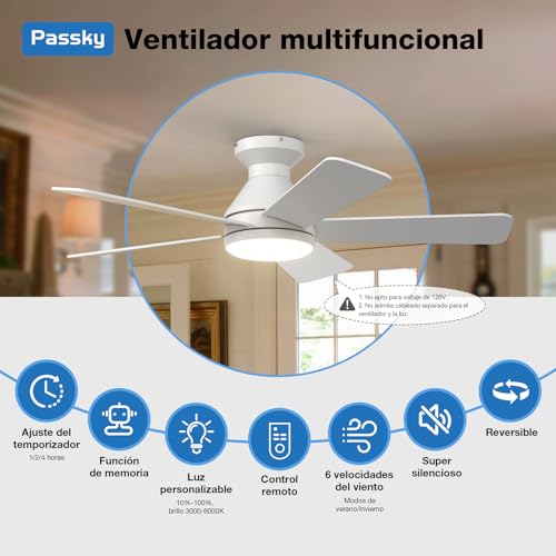 Detalle de Passky Ventilador de Techo 107 cm con Luz LED, Mando y Motor DC Silencioso