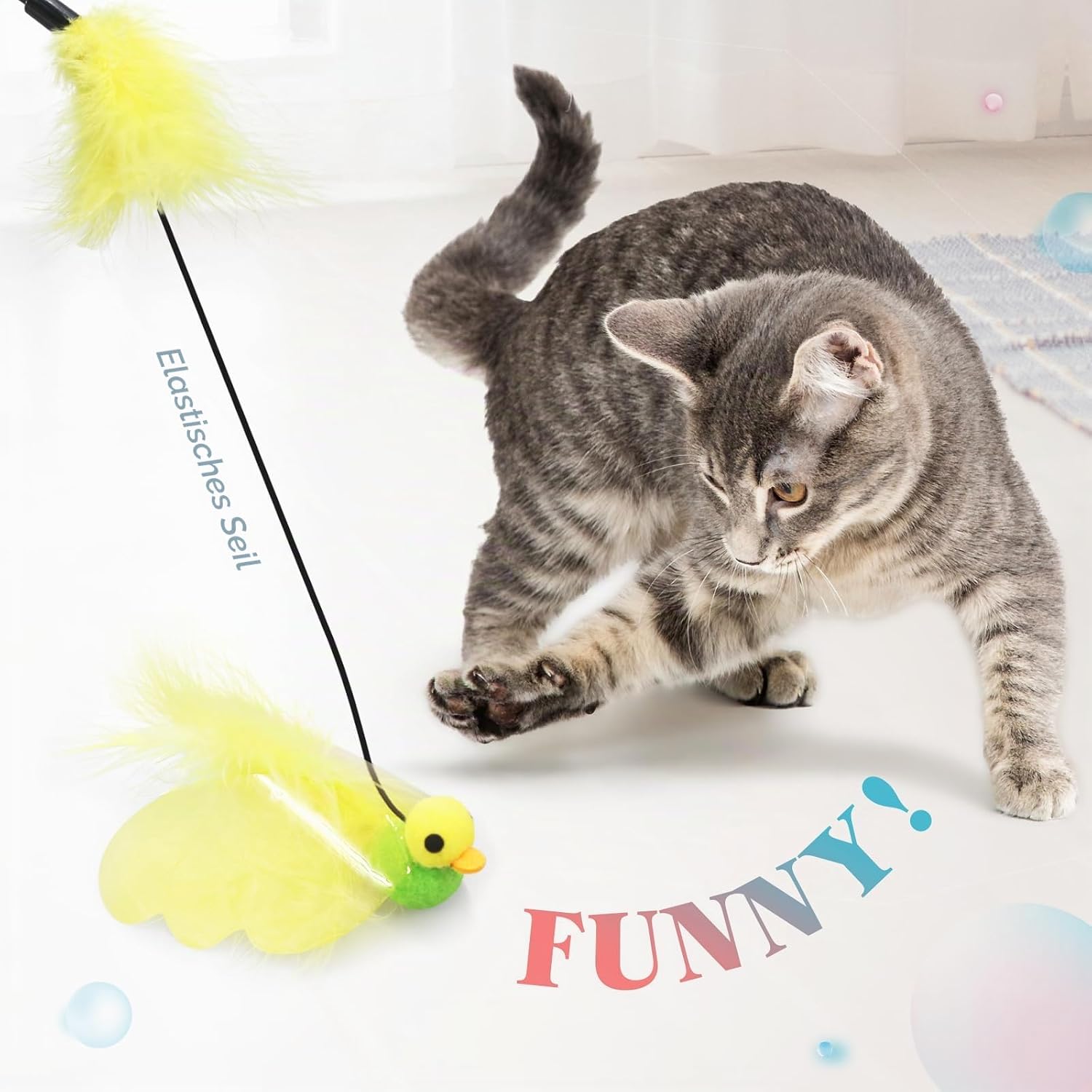 Detalle de SONGWAY Katzenspielzeug Angel mit Feder – Interaktives Katzenspielzeug-Set mit 2 Angelruten und 4 Feder-Ködern