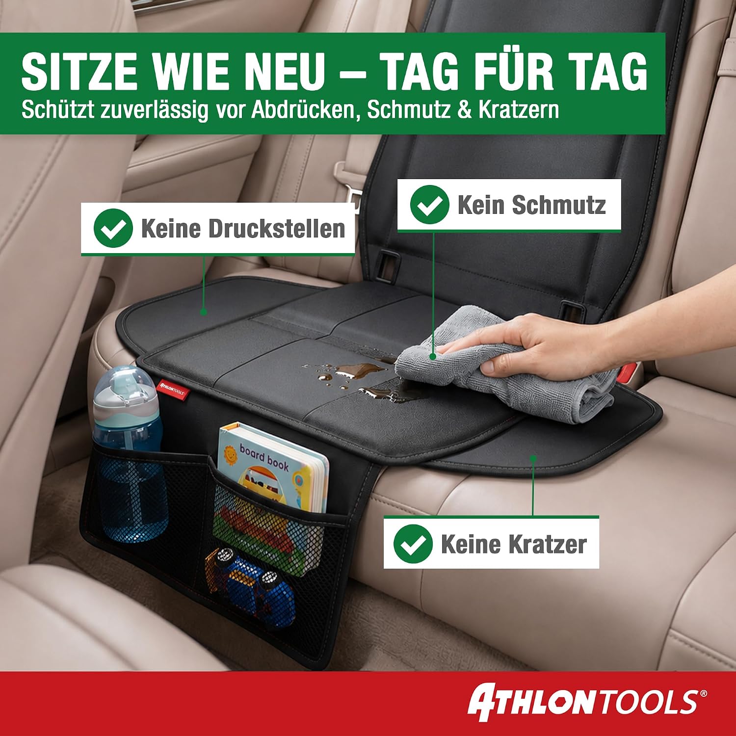Detalle de ATHLON TOOLS Kindersitzunterlage Auto mit Seitenschutz – ISOFIX-kompatibel, dick gepolstert
