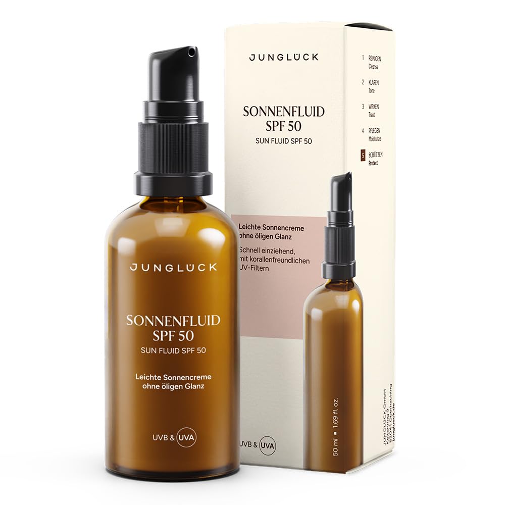 Detalle de JUNGLÜCK Sonnenfluid Gesicht SPF 50 (vegan) – leichtes Breitspektrum-Fluid ohne Weißeleffekt