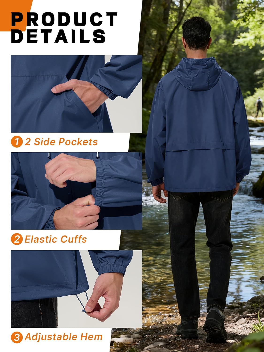 Detalle de UIQUR Men's Rain Jacket Waterproof Windbreaker – Lightweight Packable Raincoat