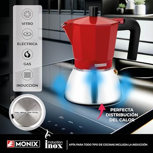 Detalle de Monix Induction Inox: Cafetera Italiana de 3 tazas en rojo, apta para inducción