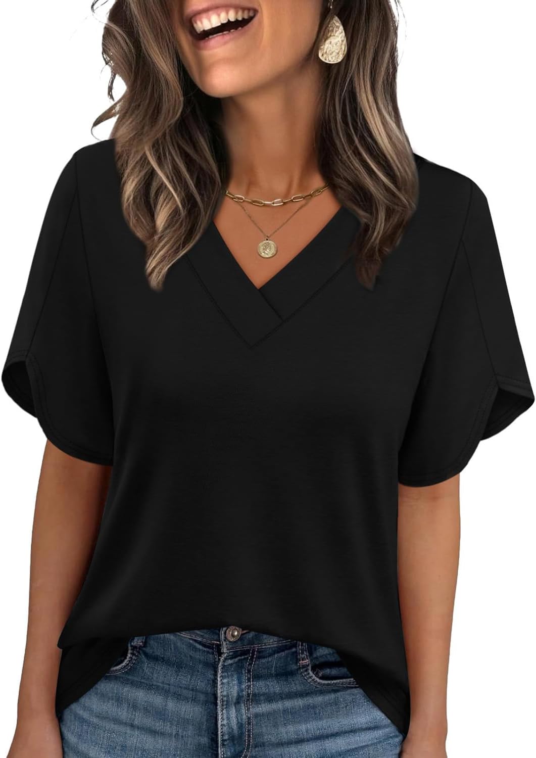 Detalle 2 de WIHOLL Women's Summer Top: Petal Sleeve, V-Neck – Versatile Wardrobe Essential