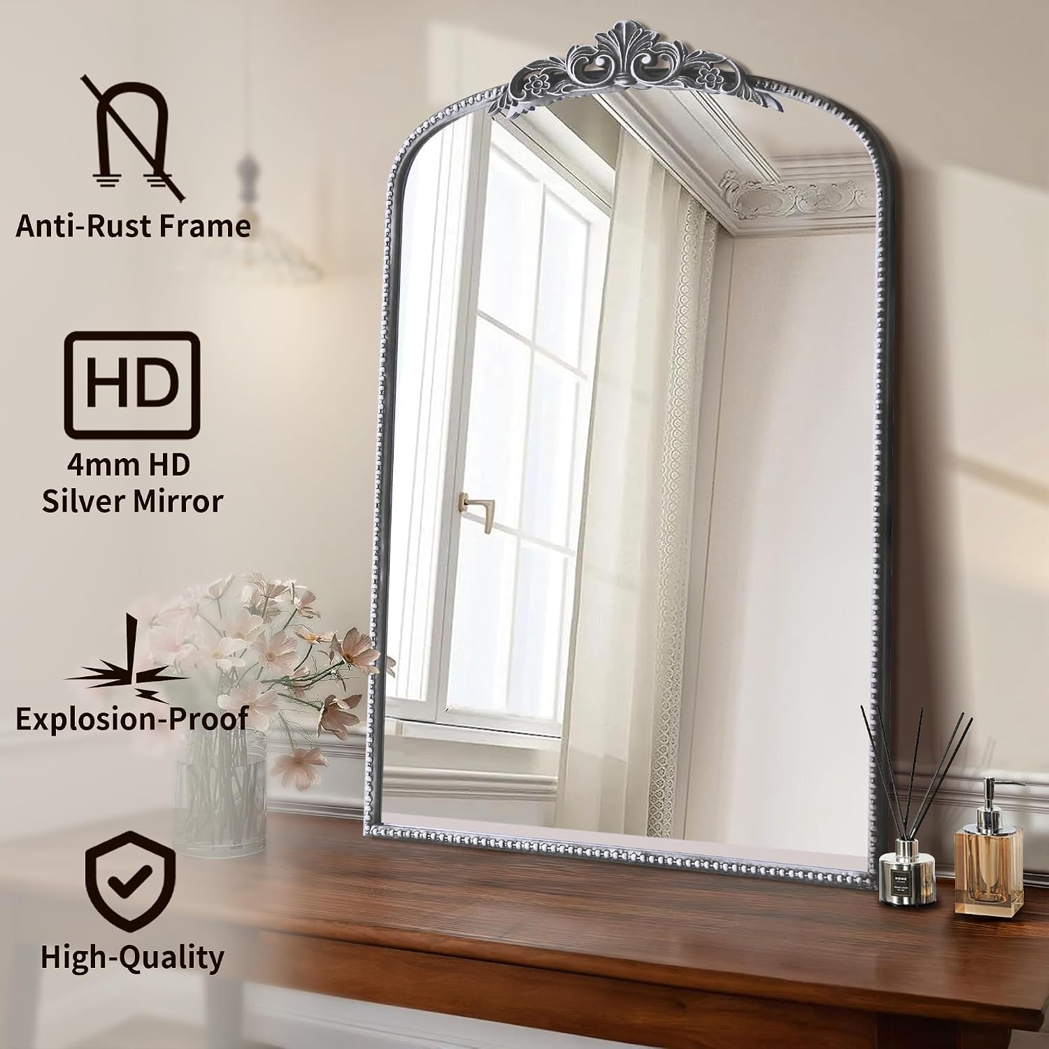 Detalle 2 de Micasso Vintage Traditional Silver Mirror 24"x36" — French Baroque Arch with HD Reflectivity