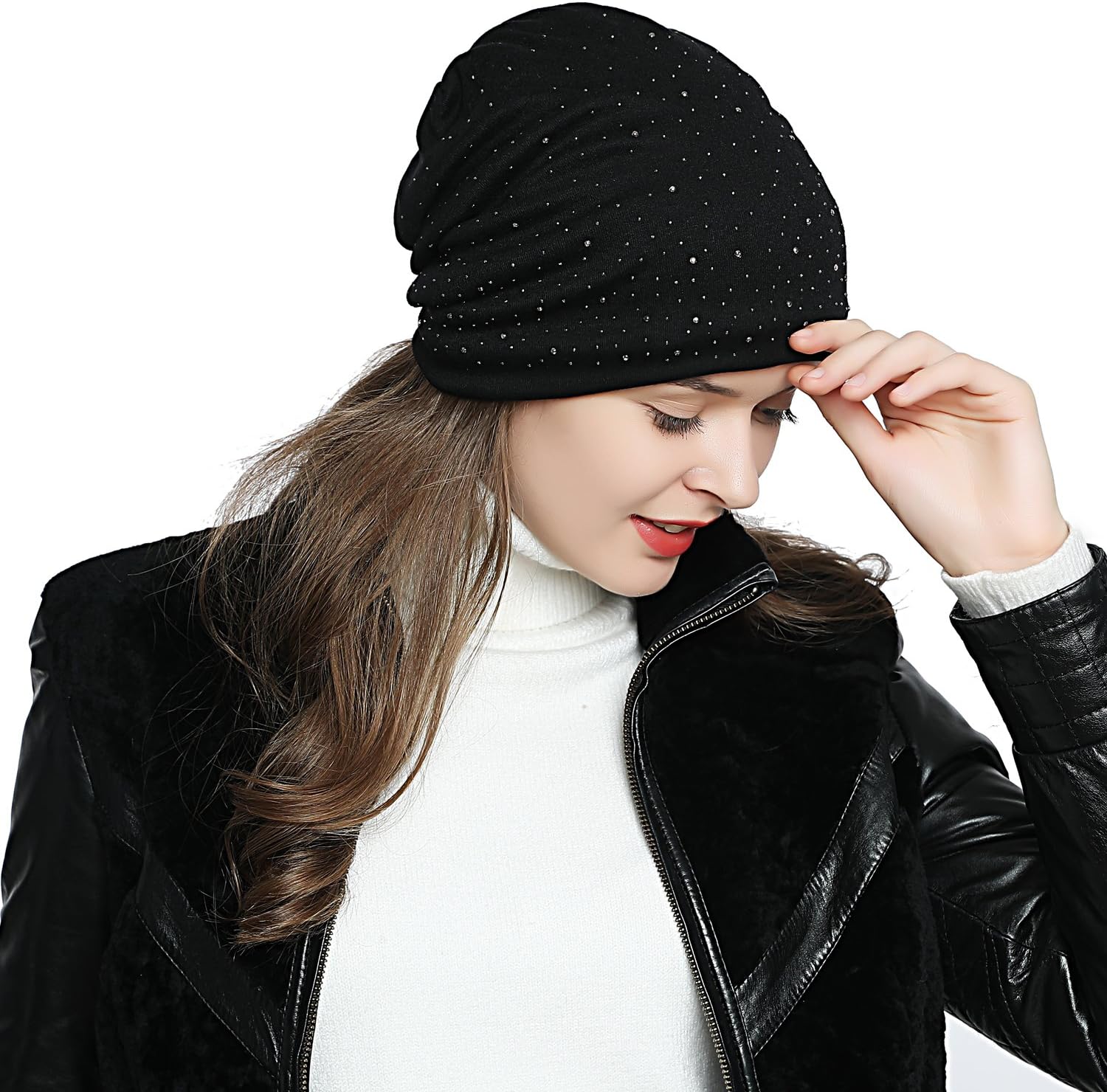Detalle de DonDon Bonnet d'hiver Femme Slouch Beanie Souple avec Strass, Doublure Moelleuse et Chaude