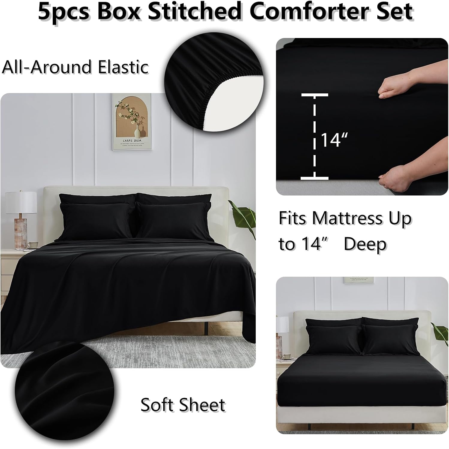 Detalle de CozyLux Twin XL Comforter Set Black – 5 Pieces, All-Season Down Alternative Bedding in a Bag