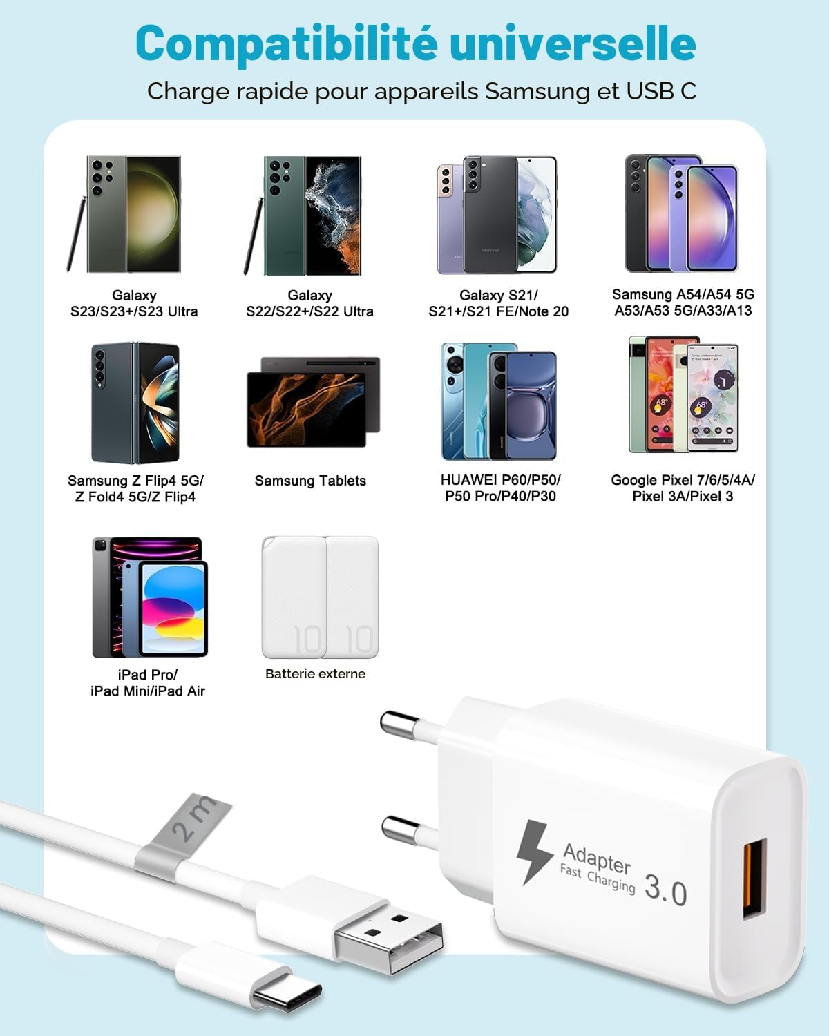 Thumbnail 6 de Chargeur USB rapide 18W avec câble USB-C 2 m – Quick Charge 3.0, prise secteur pour Samsung, Xiaomi, Huawei