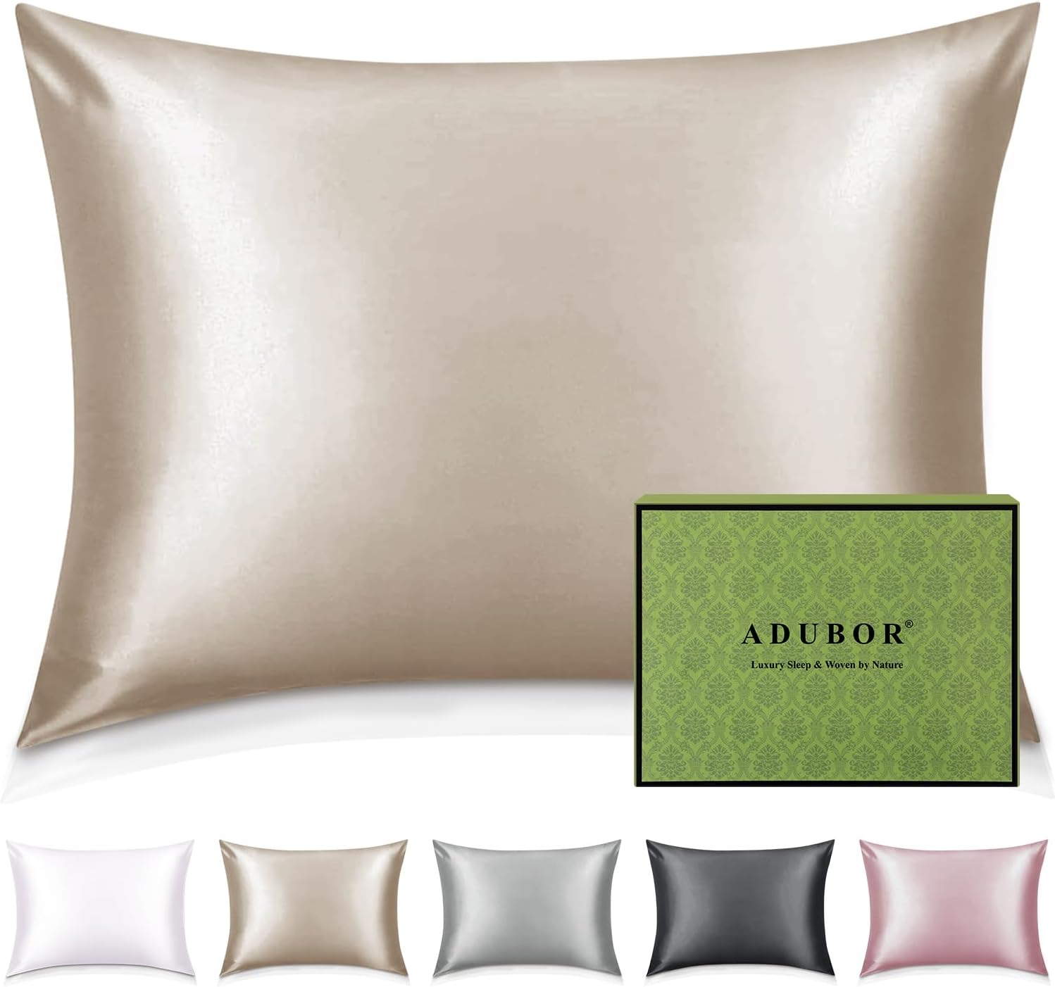 Detalle de Adubor 100% Seidenkissenbezug 40x80 cm (23 Momme, 900 Fadenzahl) mit verstecktem Reißverschluss, 1 Stück – Beige