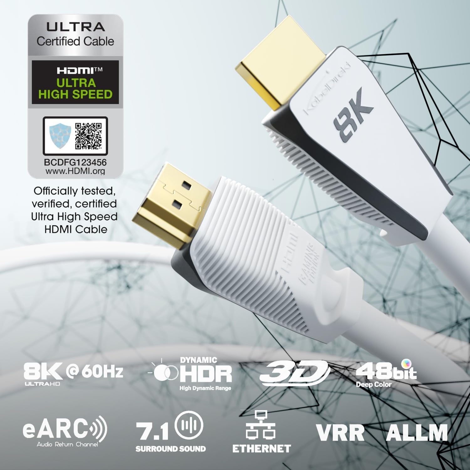 Detalle de KabelDirekt Cavo HDMI 2.1b Ultra Edition 1 m: 8K60/4K144, certificato, bianco