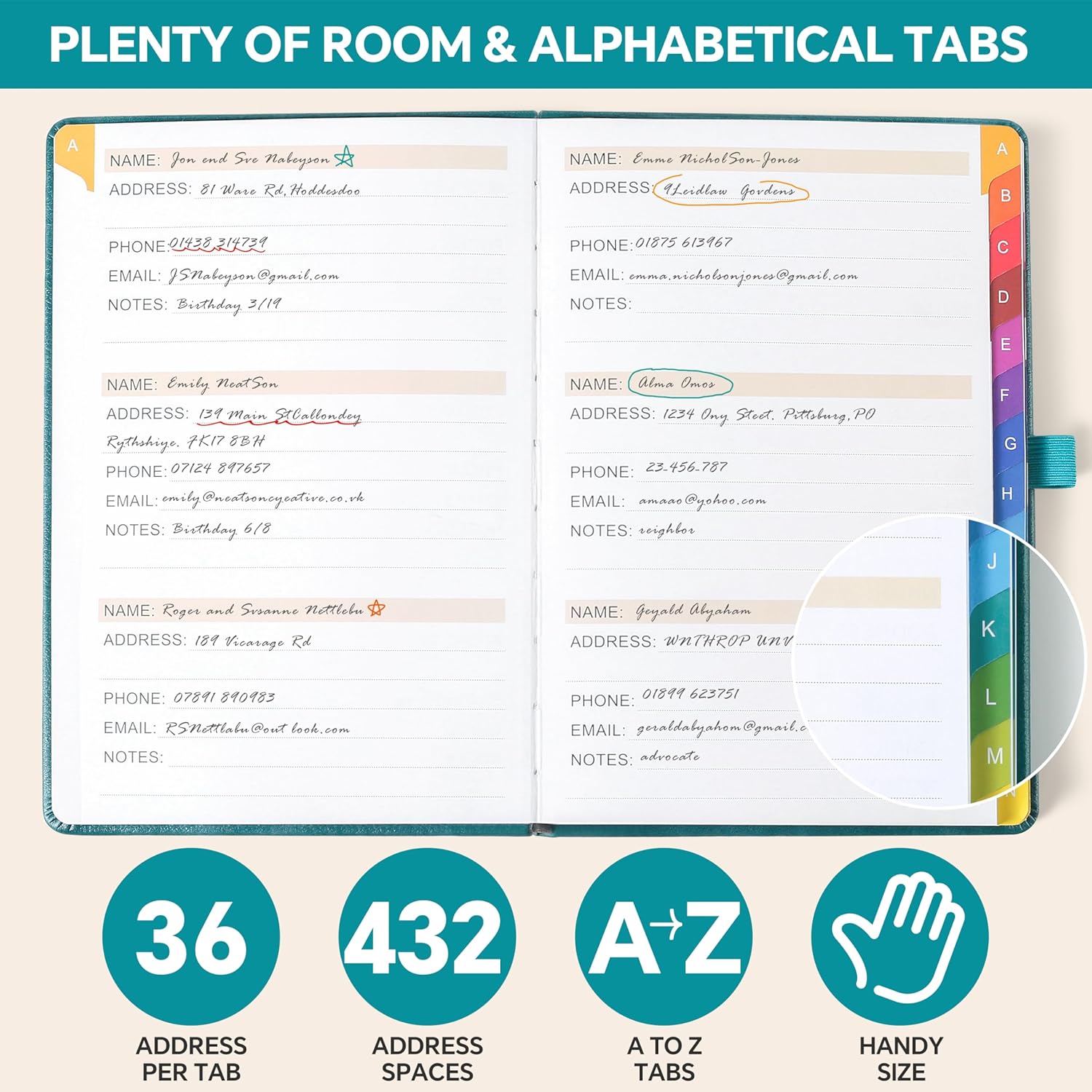 Detalle de Address Book with Colorful Alphabetical Tabs (8.4" x 5.7") – Pink Hardcover
