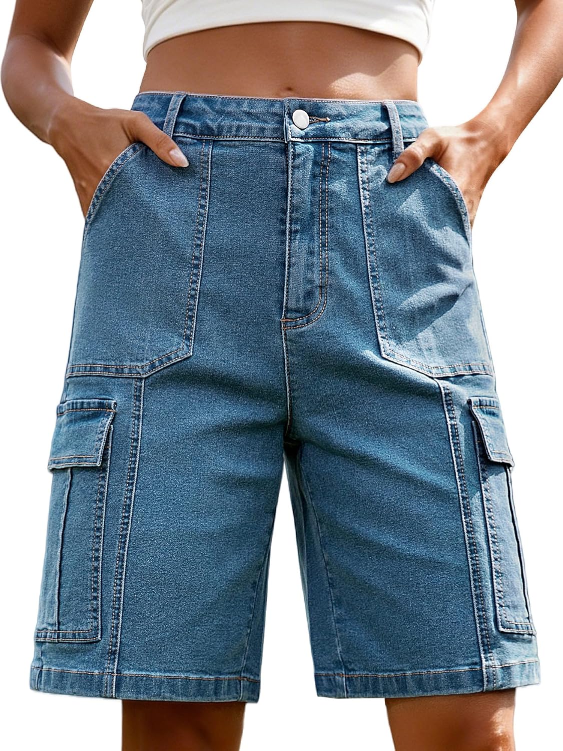 Detalle de StylSense Damen Cargo Jeans Shorts mit hohem Bund – Baumwolle & Elasthan, 6 Taschen