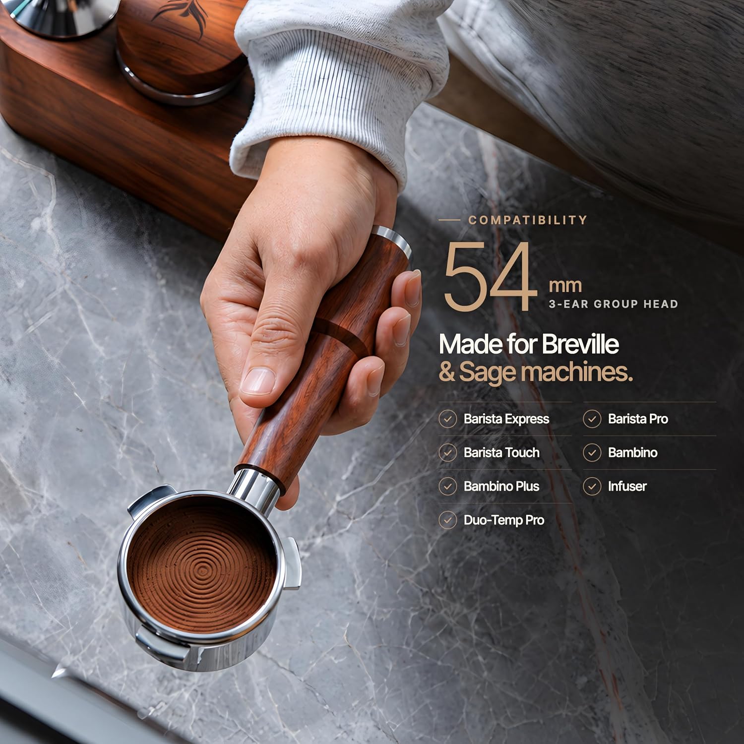 Detalle de KNODOS KNODOS001W 54 mm Bottomless Portafilter with Rosewood Handle