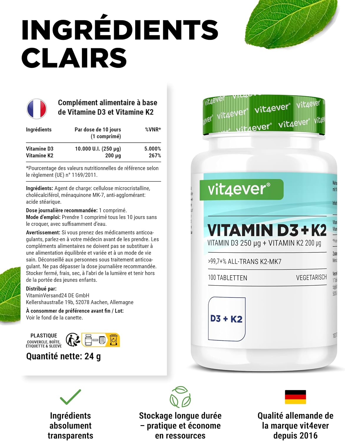 Detalle 2 de Vit4ever Vitamine D3 + K2 MK-7-100, 10 000 UI de D3 et 200 µg de K2 (MK-7), 100 comprimés