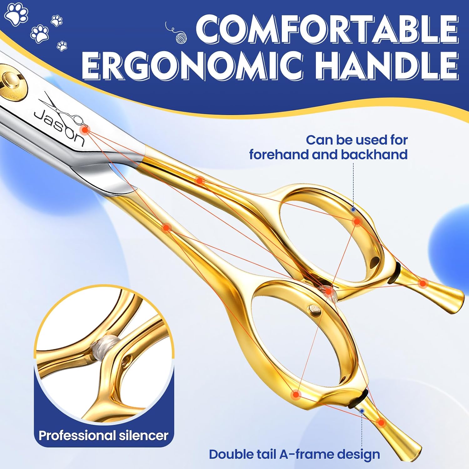 Detalle de Jason Forbici curve da 19,1 cm per toelettatura del cane – livello professionale, lama affilata e manico ergonomico