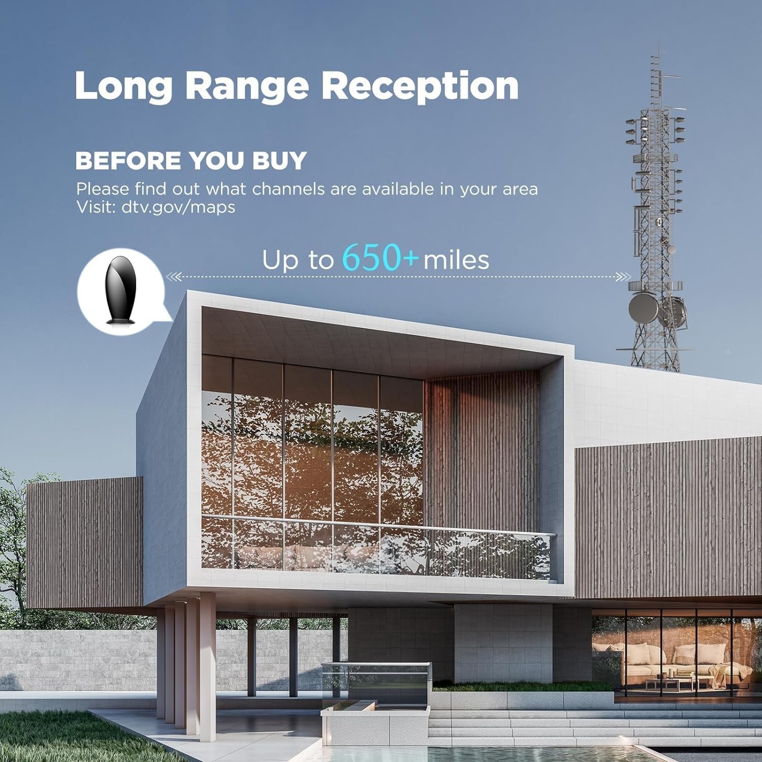 Thumbnail 1 de Digital Indoor TV Aerial for Smart TV with 18Ft HD Cable (Black) – 650+ Miles Range