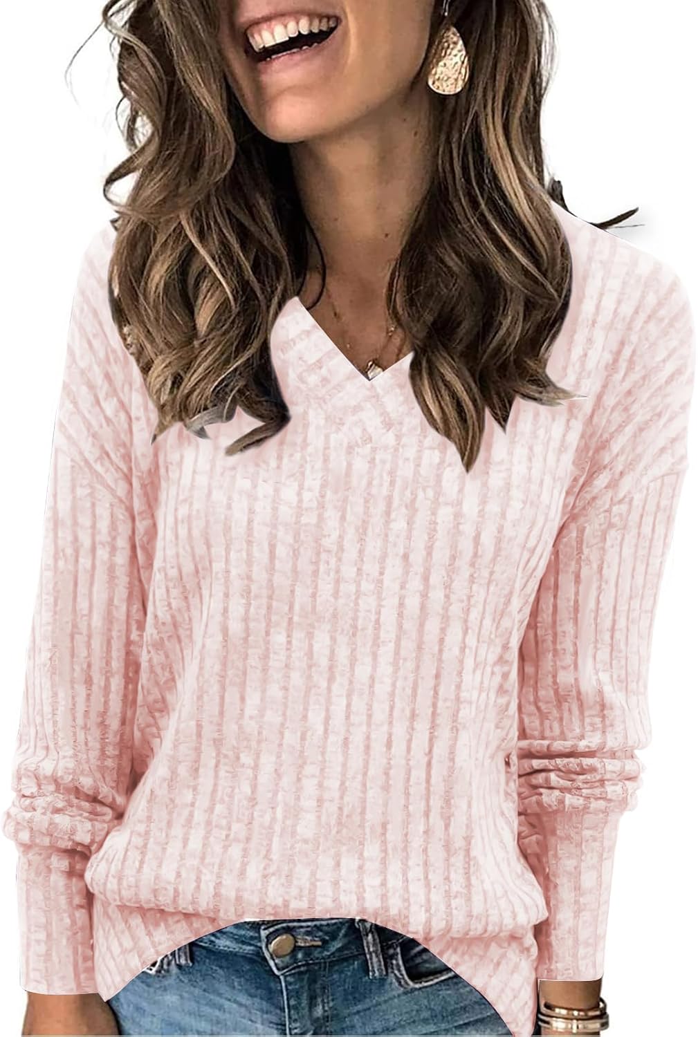 Detalle de Famulily Damen-Pullover mit V-Ausschnitt, Langarmstrick – vielseitig & bequem