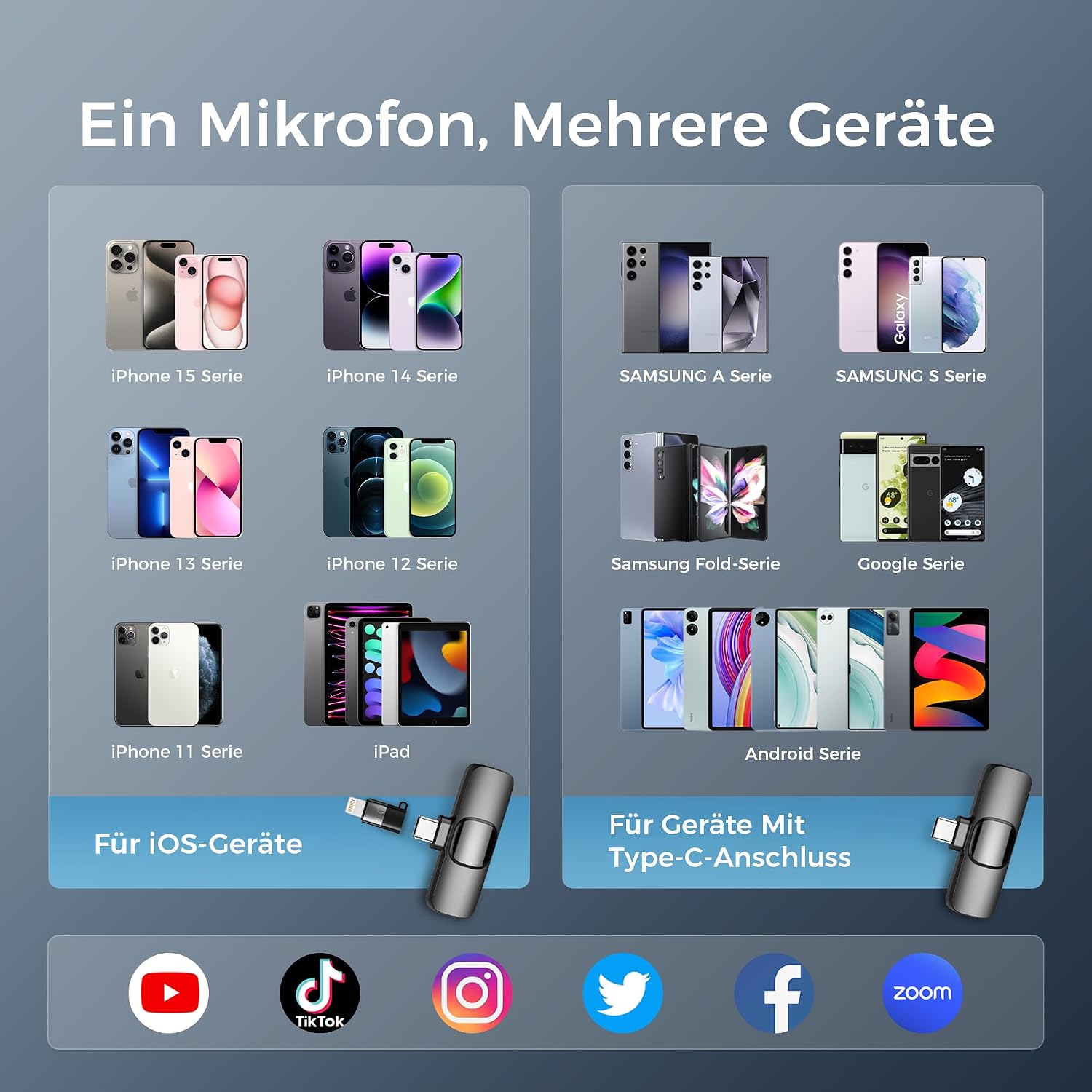 Thumbnail 5 de YRF Mikrofon für iPhone & Android – kabelloses Lavalier mit USB-C & Lightning