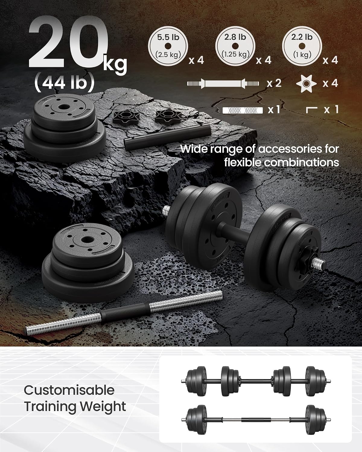 Thumbnail 4 de SONGMICS 2-in-1 Dumbbells Set: Adjustable Dumbbells with Extra Barbell Bar for Home Gyms