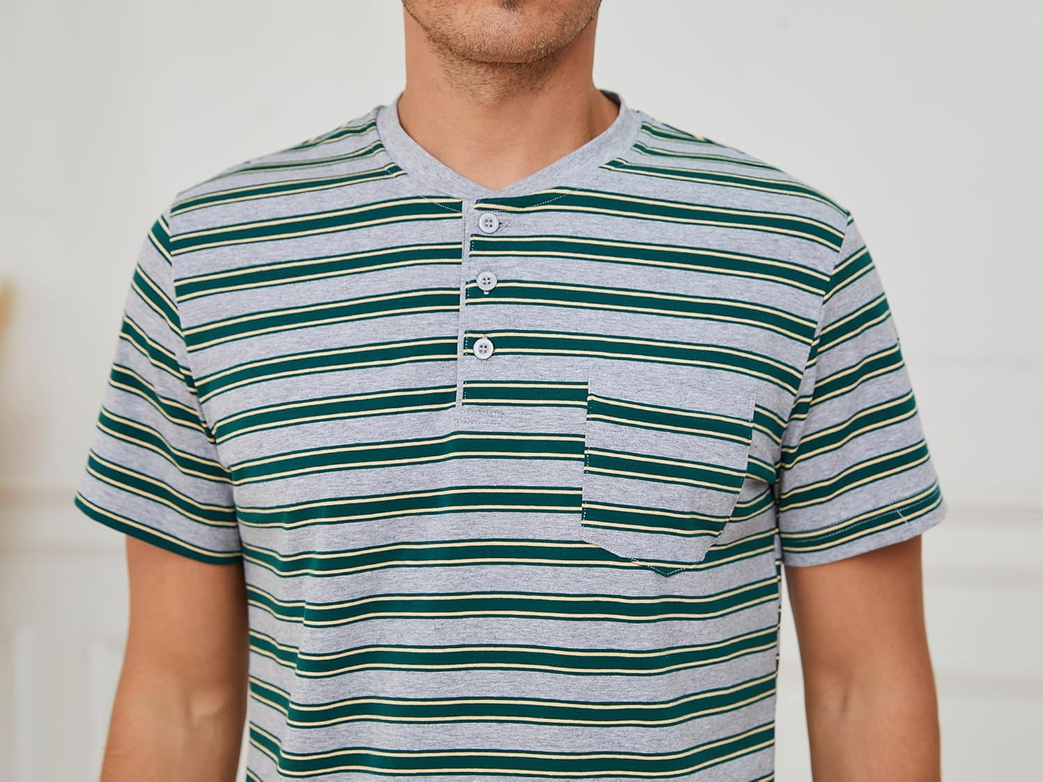 Detalle de Winovia Herren Schlafanzug Kurz Baumwolle – Streifen-Design, Sommerpyjama mit Knopfleiste