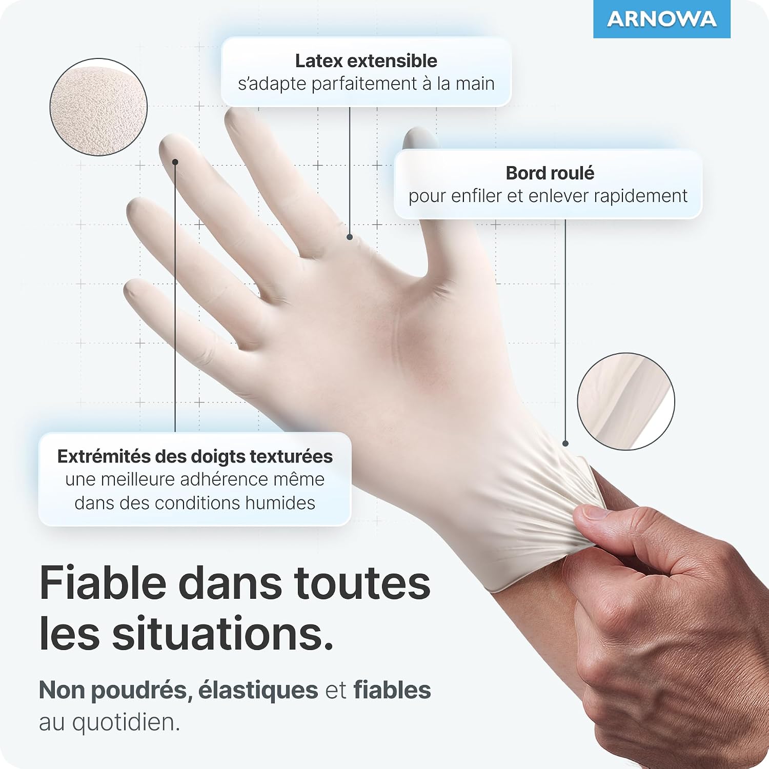 Detalle de ARNOMED 100x gants jetables en latex blancs – taille M, non poudrés, texturés au bout des doigts