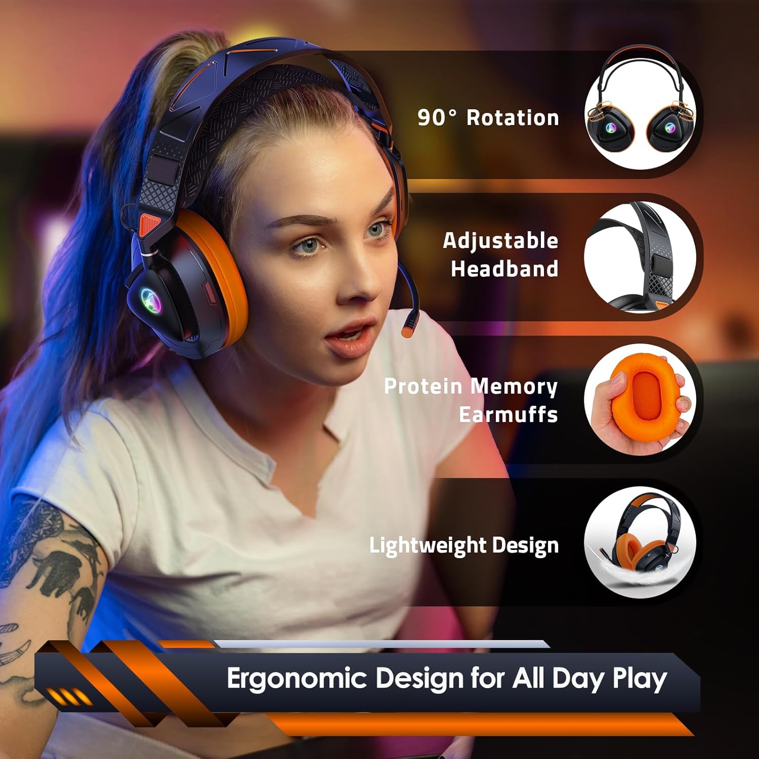 Detalle de Awinnasey PH3 Wireless Gaming Headset – 50 Hours Battery, 2.4GHz & Bluetooth, RGB (Light Orange)