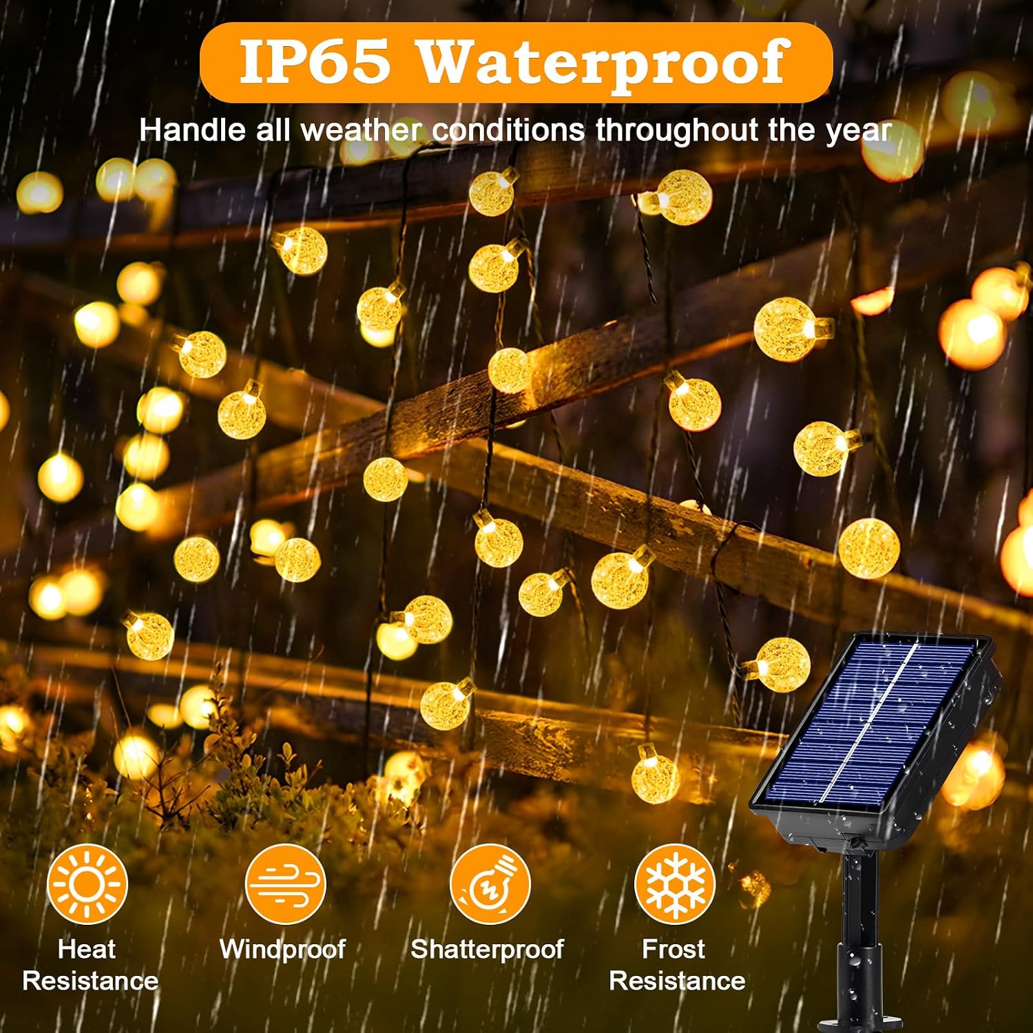 Detalle de Goffii Lichterkette Außen Solar wetterfest – 60 LED Warmweiß, 3 m Kabel + 10,2 m Lichterkette, IP65, 8 Modi