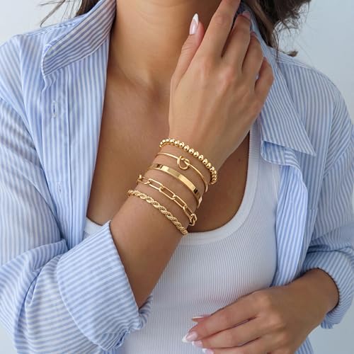 Detalle de Gokeey Gold Cuff Bracelets for Women – 14K Gold Plated, Stackable Beaded & Infinity Rope Jewelry Set