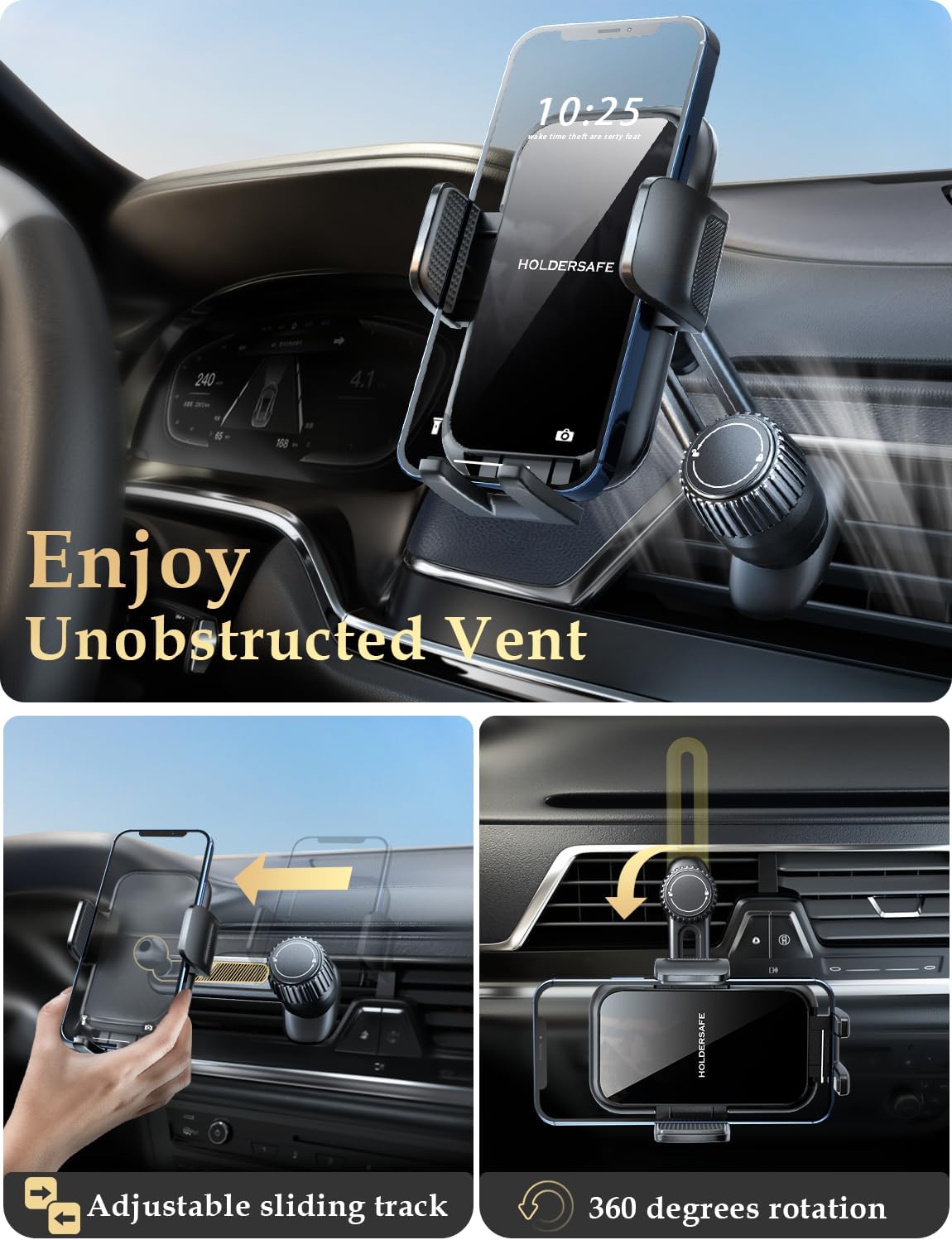 Detalle 2 de Holdersafe Handyhalterung für Auto – universelle Lüftungshalterung mit 360° Drehung und Ein-Knopf-Release