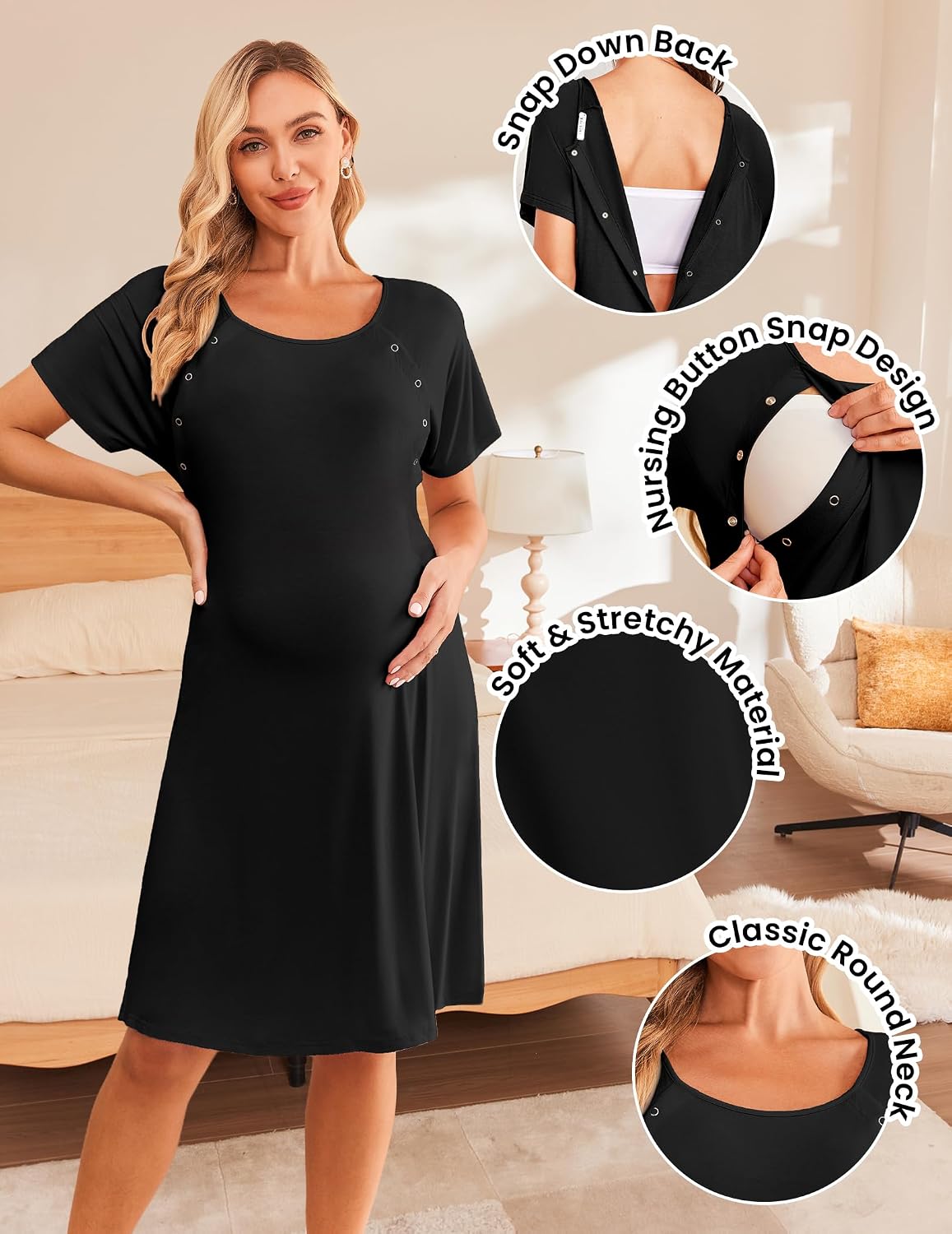 Thumbnail 2 de Ekouaer EKY005099 Maternity Nursing Nightgown, Short Sleeves, Snap-Access Design
