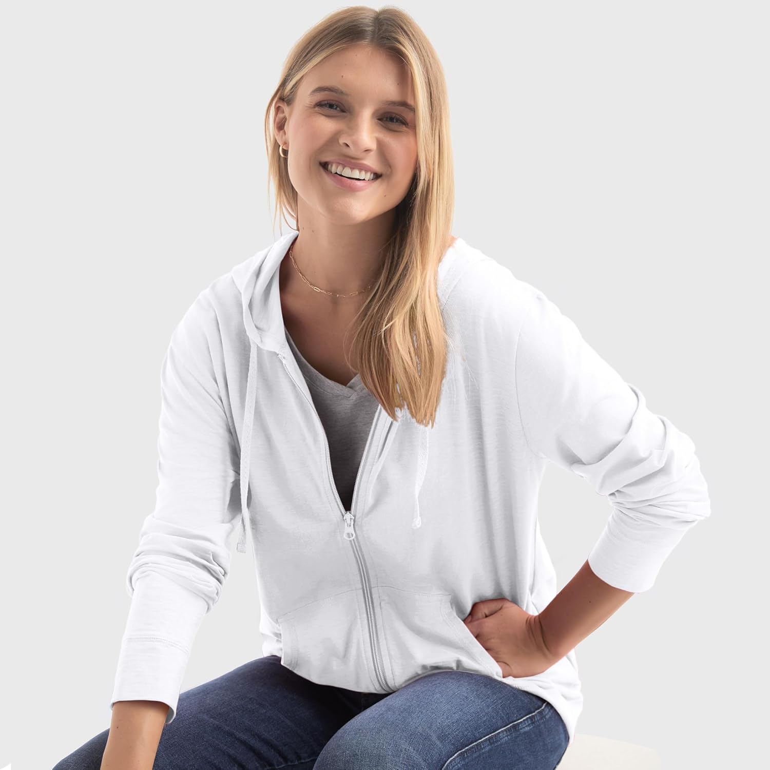 Detalle de Hanes Womens Slub Knit Full-Zip Hoodie: Textured Cotton Zip-Up for Everyday Comfort