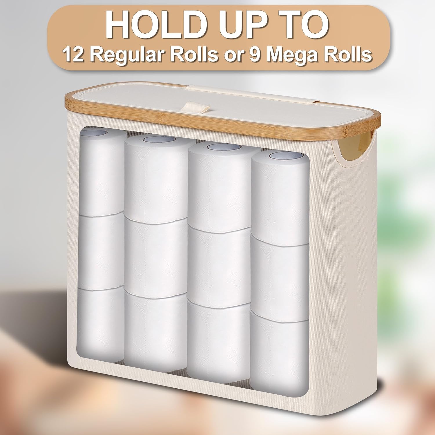 Thumbnail 3 de efluky 28L Toilettenpapier Aufbewahrung Korb mit Deckel – Bambus, schmaler Stellkorb für 9–12 Rollen, Beige