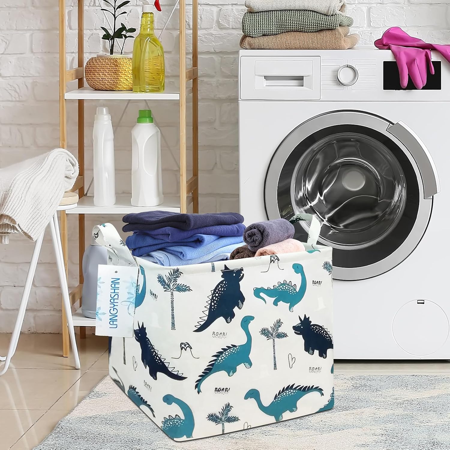 Detalle de LANGYASHAN Square Dinosaur Canvas Storage Basket, Foldable with Handles