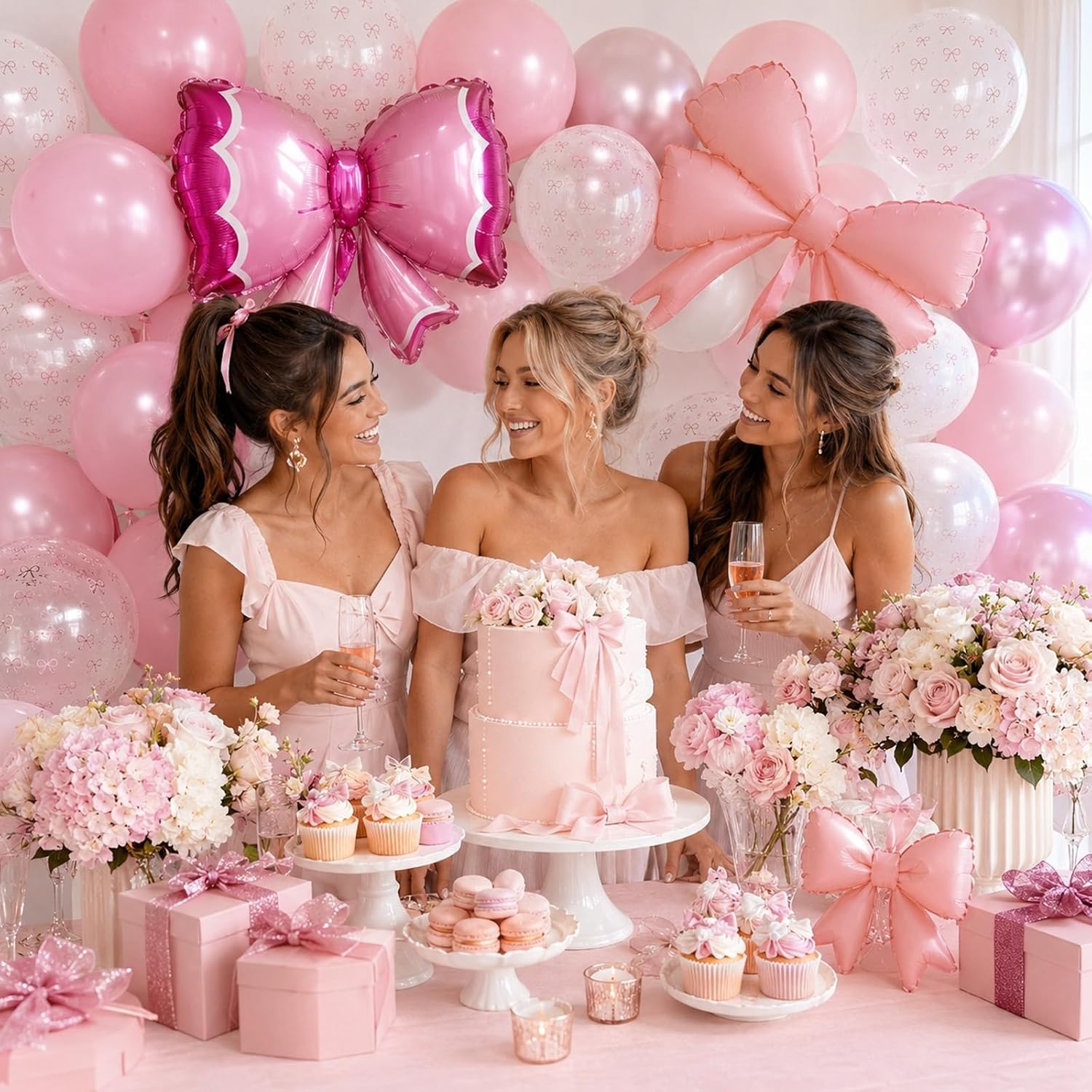 Thumbnail 6 de Bow Balloons 35-Piece Light Baby Pink, White & Clear Pastel Balloon Set with Bow Foil Balloon and Ribbon