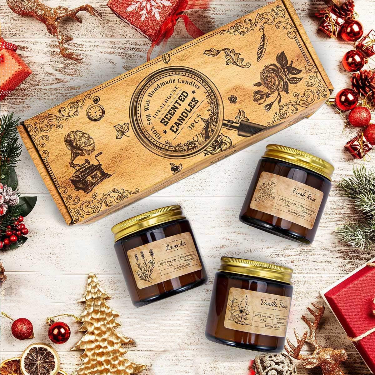 Detalle 2 de IDEALHOUSE Scented Candles Gift Set Vanilla Honey, Rose & Lavender 🕯