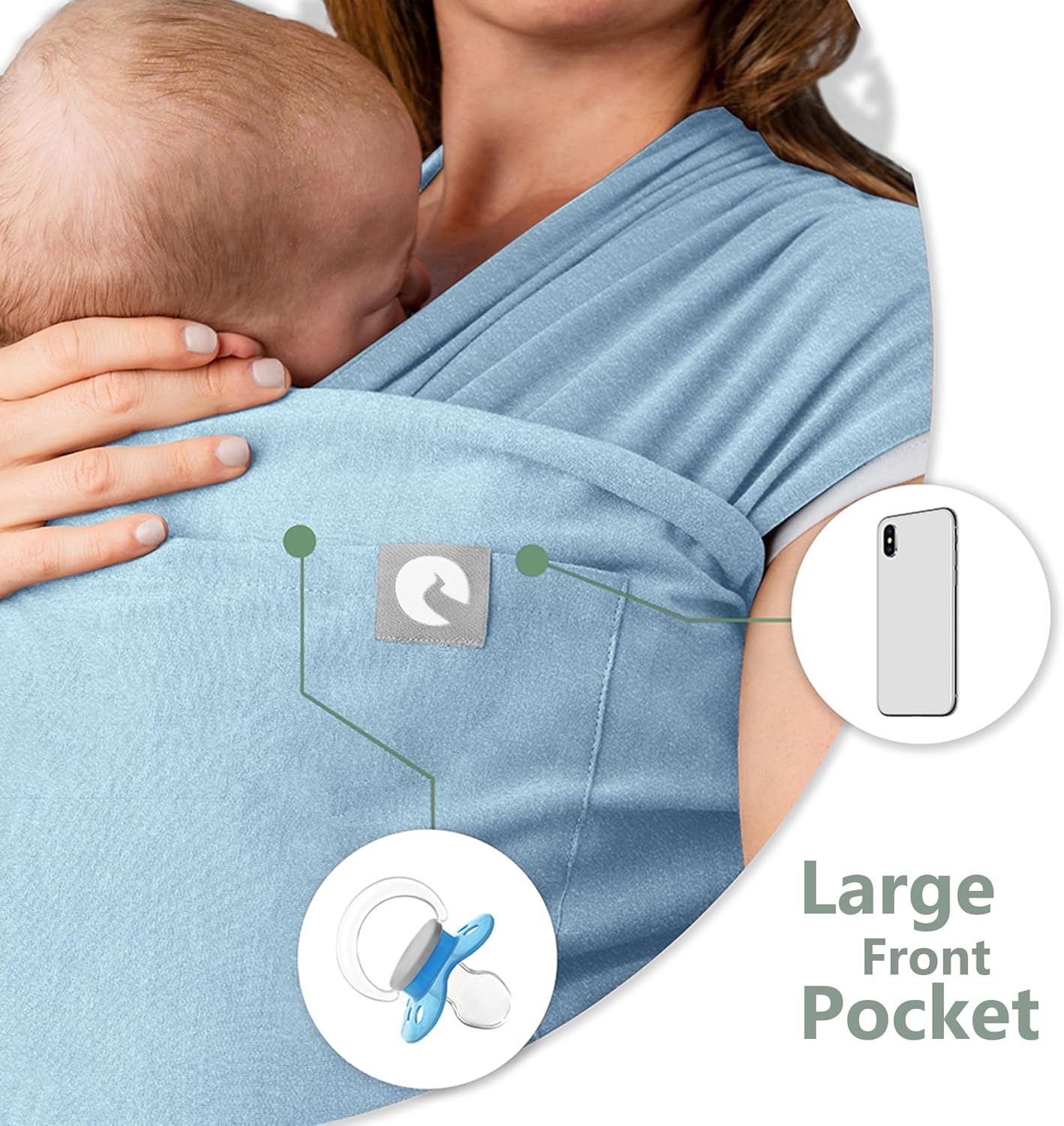Detalle de Baby Sling Wrap with Large Front Pocket by Trekki (Blue) – Naturally Soft Cotton, Birth to Toddler