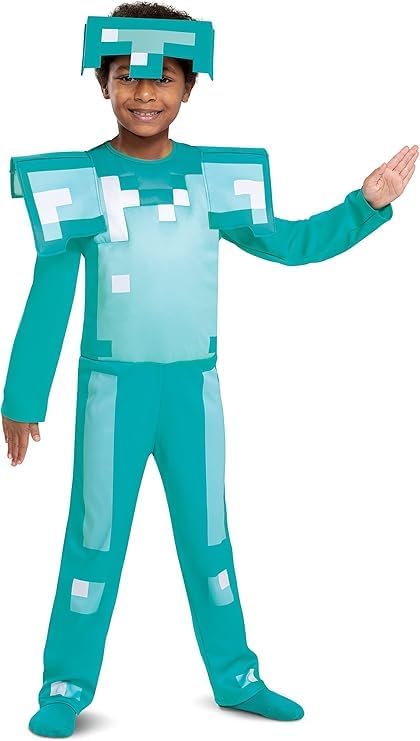 Detalle de Minecraft officieel kinderkostuum met halfmasker en afneembare schouderbeschermers