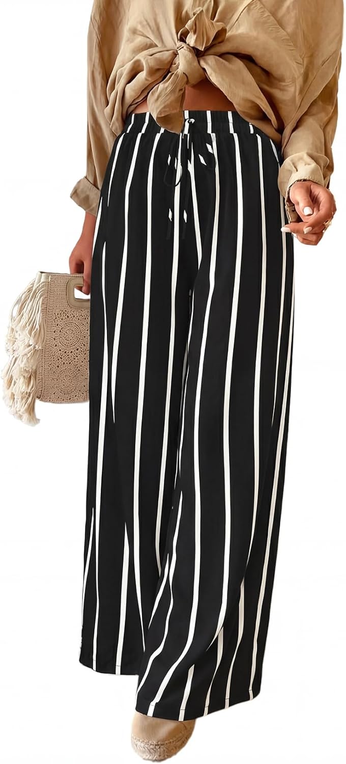 Thumbnail 6 de Acelitt Women Casual Drawstring Elastic Waist Striped Wide Leg Pants with Pockets