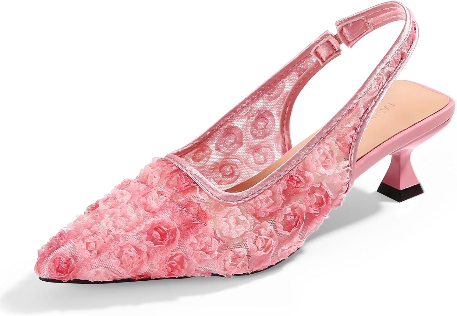 Detalle de Elegant Lace Kitten Heels for Women – Slingback Pointed Toe Floral Mesh Dress Shoes