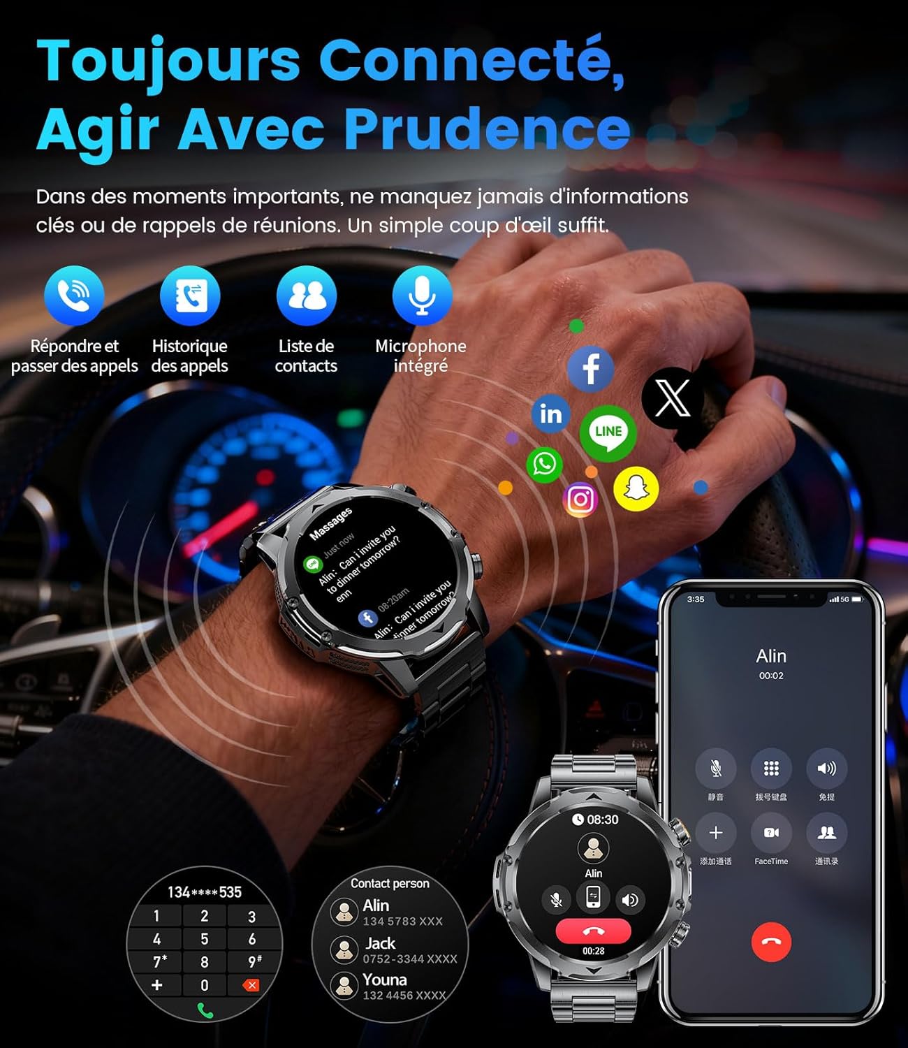 Detalle de FITFLEX Montre Connectée pour Homme – Écran 1,53'' HD, Appels Bluetooth, 120+ Sports, IP68, Batterie 1000 mAh