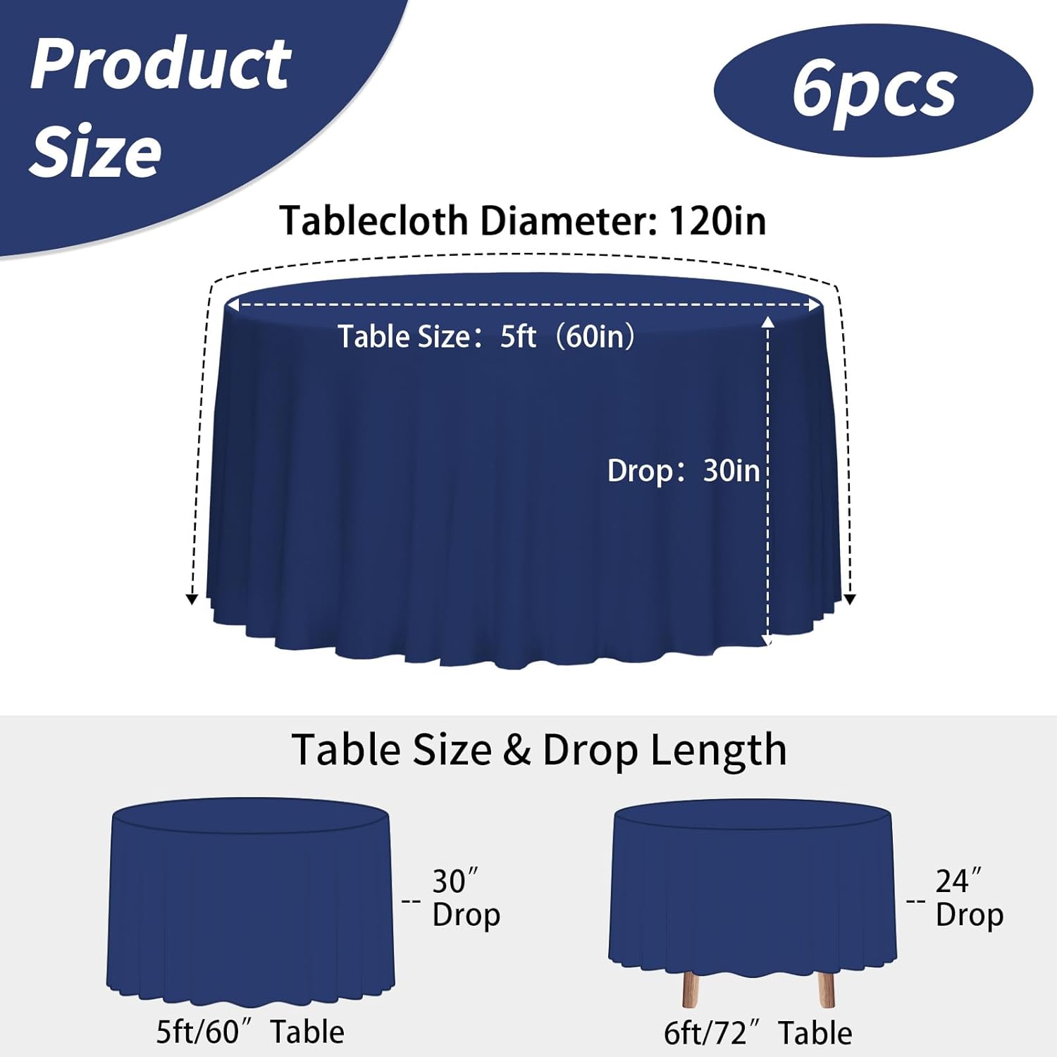 Thumbnail 2 de Fixwal 120 Inch Navy Blue Round Tablecloth, 6 Pack