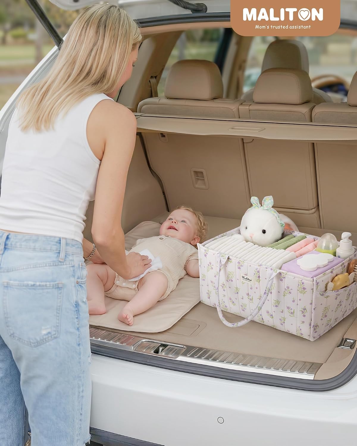 Thumbnail 6 de Maliton Nappy Caddy Organiser – Floral Baby Changing Caddy with Removable Dividers and Side Pockets
