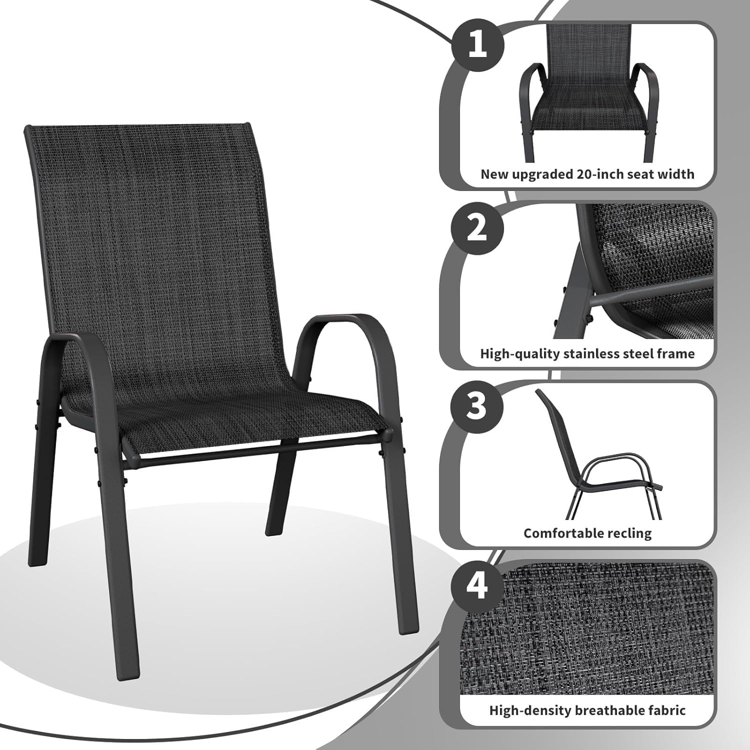 Detalle de UDPATIO Set di 6 Sedie da Giardino Impilabili Nero – Textilene, Schienale Alto e Braccioli (62 x 67 x 96 cm)